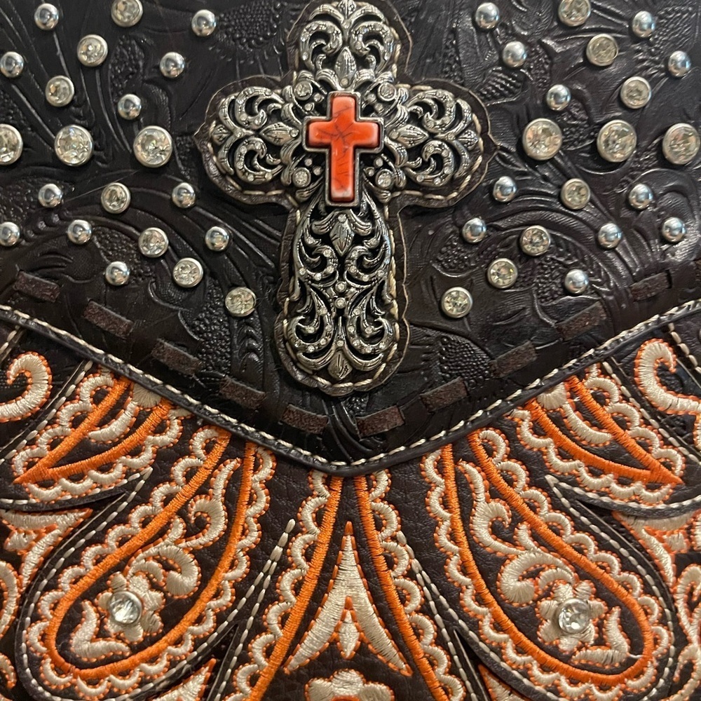 Montana West Black Orange Crossbody Bag Silver Accents Embroidered southwestern‍ - Picture 2 of 7